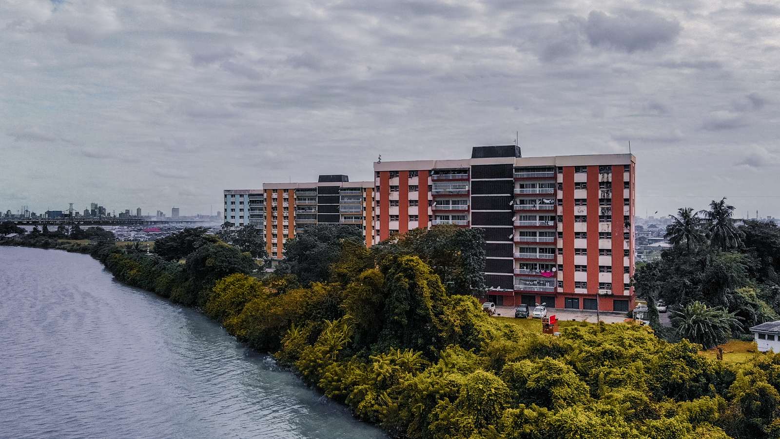 Apartment blocks beside a lagoon in Lagos